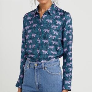 J. CREW Collection Midnight Tiger 100% Silk Shirt Women Sz 4 Button Down Blouse